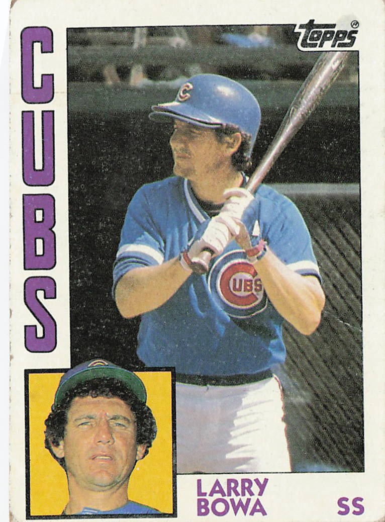 1984 Topps Larry Bowa #757: The 1984 Topps Larry Bowa #757 is a vintage baseball card manufactured by Topps that captures the veteran five-time All-Star shortstop in his royal blue Chicago Cubs uniform holding a bat over his