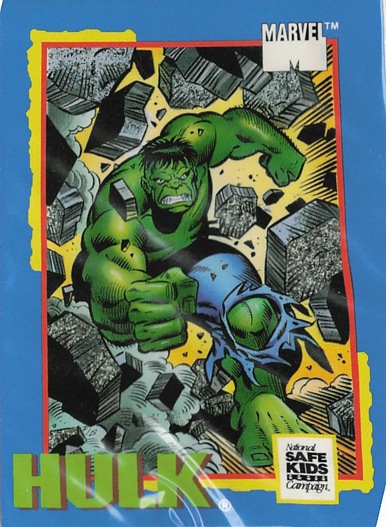 1991 Impel Marvel Trading Card Treats Hulk #NNO: The 1991 Impel Marvel Trading Card Treats Hulk #NNO is a vintage non-sport promotional trading card manufactured by Impel Marketing Inc. as part of an exclusive six-card superhero set distributed for