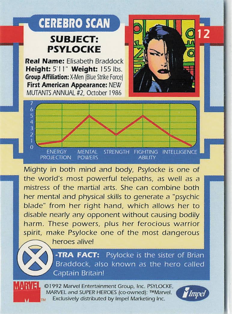 1992 Impel Marvel X-Men Series 1 "Super Heroes" Psylocke #12 trading card - 2
