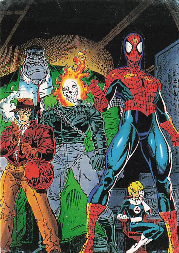 1992 Comic Images Spider-Man 30th Anniversary II "Heroes" #83: The 1992 Comic Images Spider-Man 30th Anniversary II "Heroes" #83 trading card spotlights the legendary and fan-favorite fan alignment known as the "New Fantastic Four". Drawn by classic comic artist