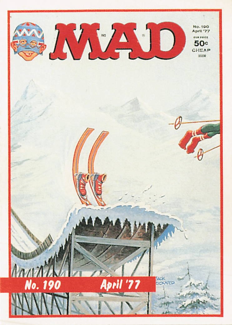 1992 Lime Rock MAD Magazine Series 1 #190 (April 1977 Cover Art: The 1992 Lime Rock MAD Magazine Series 1 #190 trading card celebrates the historic publication's legacy by reproducing the famous front cover of the April 1977 issue. Enclosed in a clean, red-lined