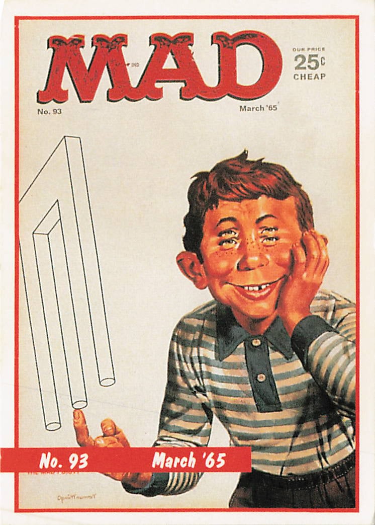1992 Lime Rock MAD Magazine Series 1 #93 (March 1965 Cover Art): The 1992 Lime Rock MAD Magazine Series 1 #93 trading card replicates one of the most famous and mind-bending covers in the publication's history from the March 1965 issue. Framed in a clean red