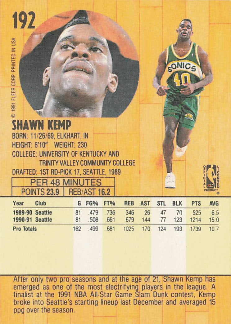 1991-92 Fleer Shawn Kemp Seattle SuperSonics #247 - 2