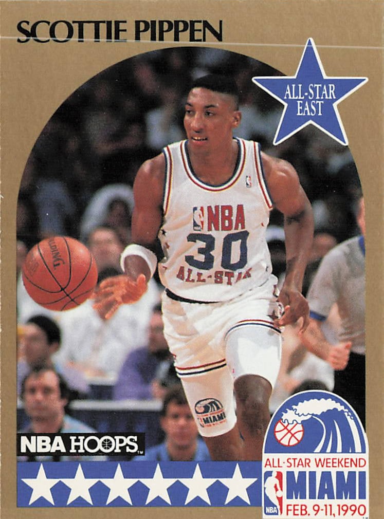 1990-91 NBA Hoops Scottie Pippen All-Star East #: The 1990-91 NBA Hoops Scottie Pippen All-Star East #3 basketball card commemorates the Hall of Fame forward making his very first career appearance at the 1990 NBA All-Star Weekend in Miami. Utilizing
