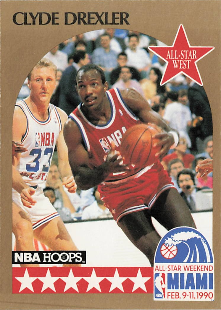 1990-91 NBA Hoops Clyde Drexler All-Star West #16: The 1990-91 NBA Hoops Clyde Drexler All-Star West #16 basketball card commemorates the Hall of Fame guard representing the Portland Trail Blazers during the 1990 All-Star Weekend in Miami.