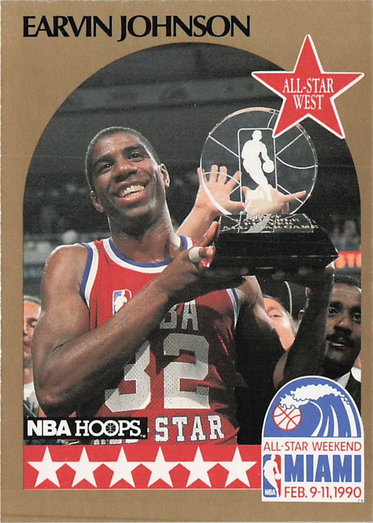 1990-91 NBA Hoops Earvin Johnson All-Star West #18: The 1990-91 NBA Hoops Earvin Johnson All-Star West #18 basketball card commemorates the legendary point guard's spectacular performance at the 1990 NBA All-Star Weekend in Miami. Replicating NBA