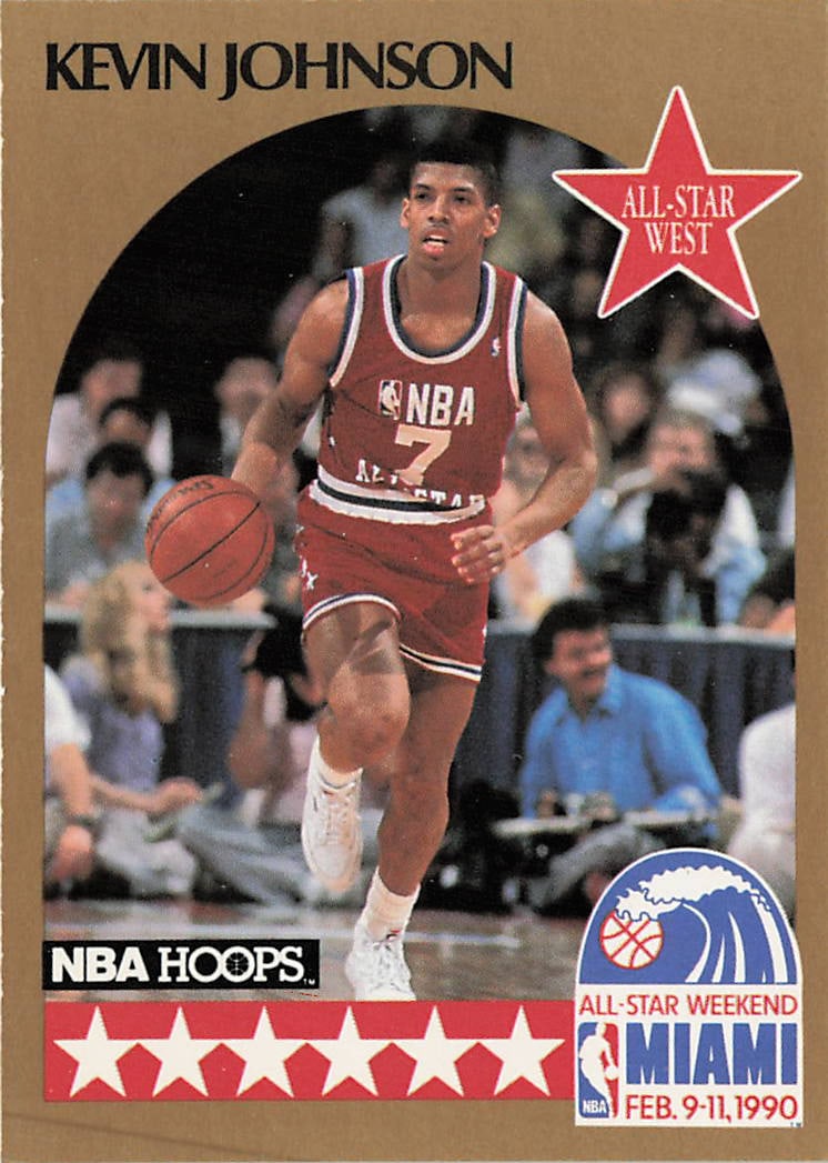 1990-91 NBA Hoops Kevin Johnson All-Star West #19: The 1990-91 NBA Hoops Kevin Johnson All-Star West #19 basketball card commemorates the explosive Phoenix Suns point guard making his very first career appearance at the 1990 NBA All-Star Weekend in