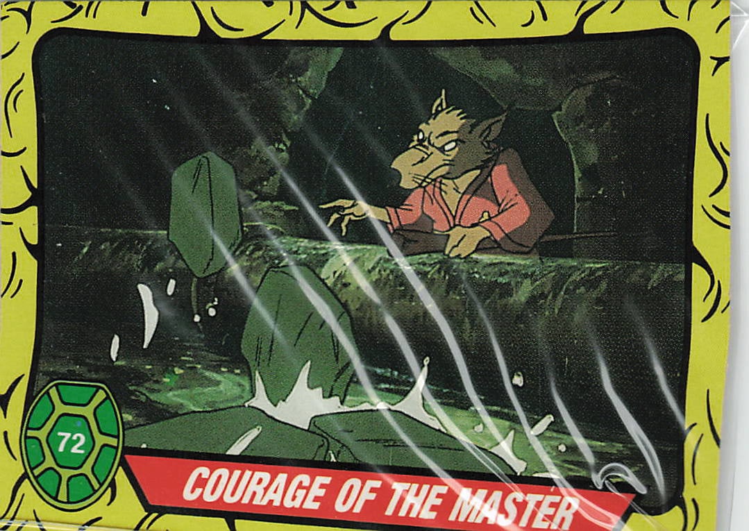1989 Topps Teenage Mutant Ninja Turtles Courage of the Master #72: The 1989 Topps Teenage Mutant Ninja Turtles Courage of the Master #72 trading card captures a tense subterranean moment based on the classic 1987 animated series. Part of the highly popular 88-card