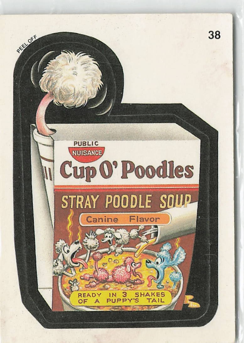 1991 Topps Wacky Packages Cup O' Poodles #38: The 1991 Topps Wacky Packages Cup O' Poodles #38 sticker card delivers a classic example of the franchise's legendary gross-out product satires by spoofing the ubiquitous Nissin Cup O' Noodles brand.