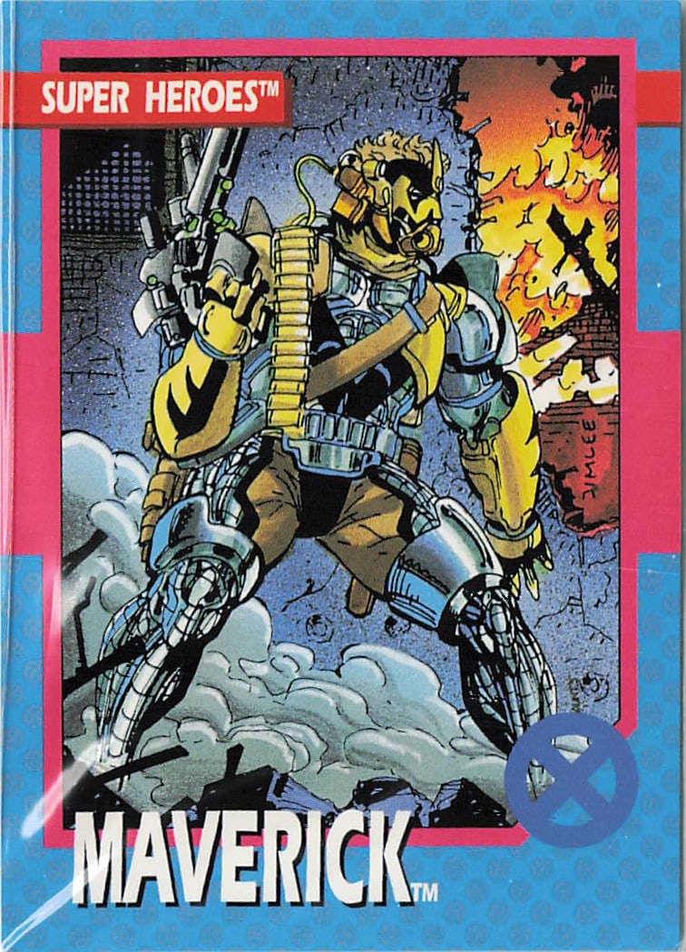 1992 Impel X-Men Series 1 Maverick #39: The 1992 Impel X-Men Series 1 Maverick #39 trading card showcases the heavily armored mutant mercenary in a dynamic, battle-ready stance illustrated by the iconic comic book artist Jim Lee. True to