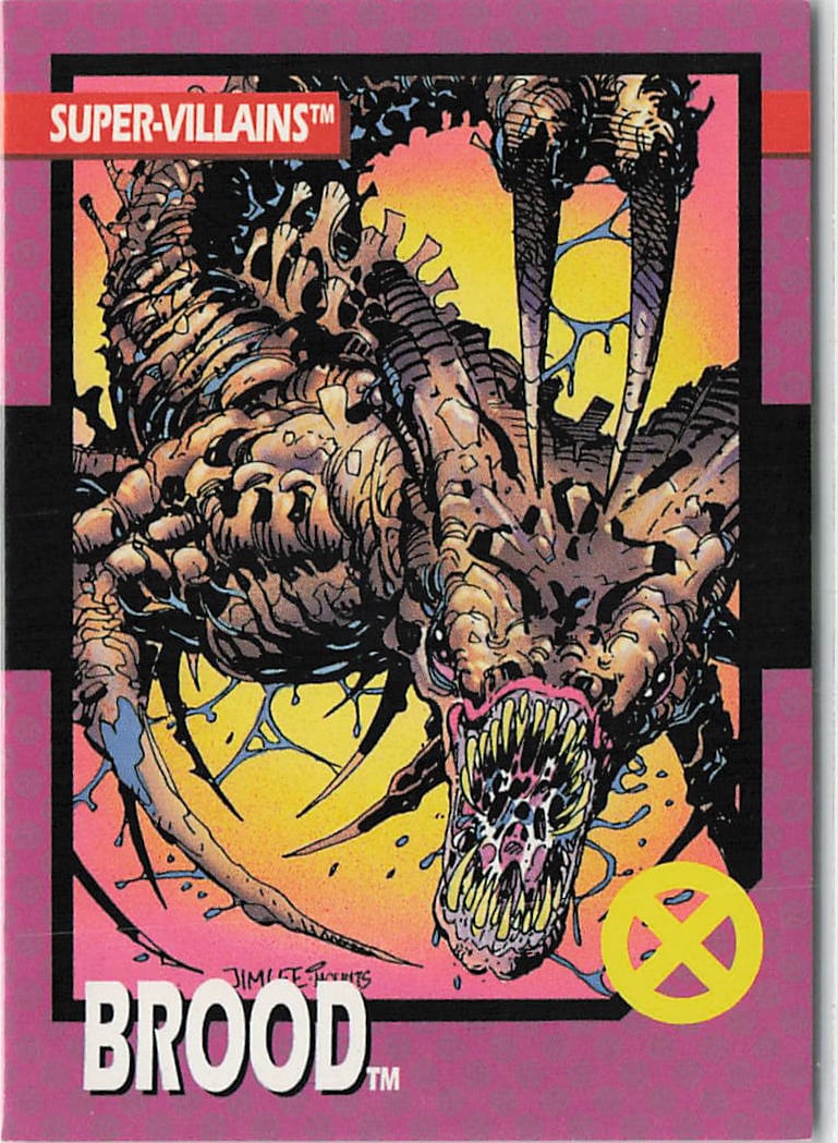 1992 Impel X-Men Series 1 Brood #74: The 1992 Impel X-Men Series 1 Brood #74 trading card features the terrifying alien parasite species in a grotesque, upside-down illustration by legendary comic book artist Jim Lee. Matching the