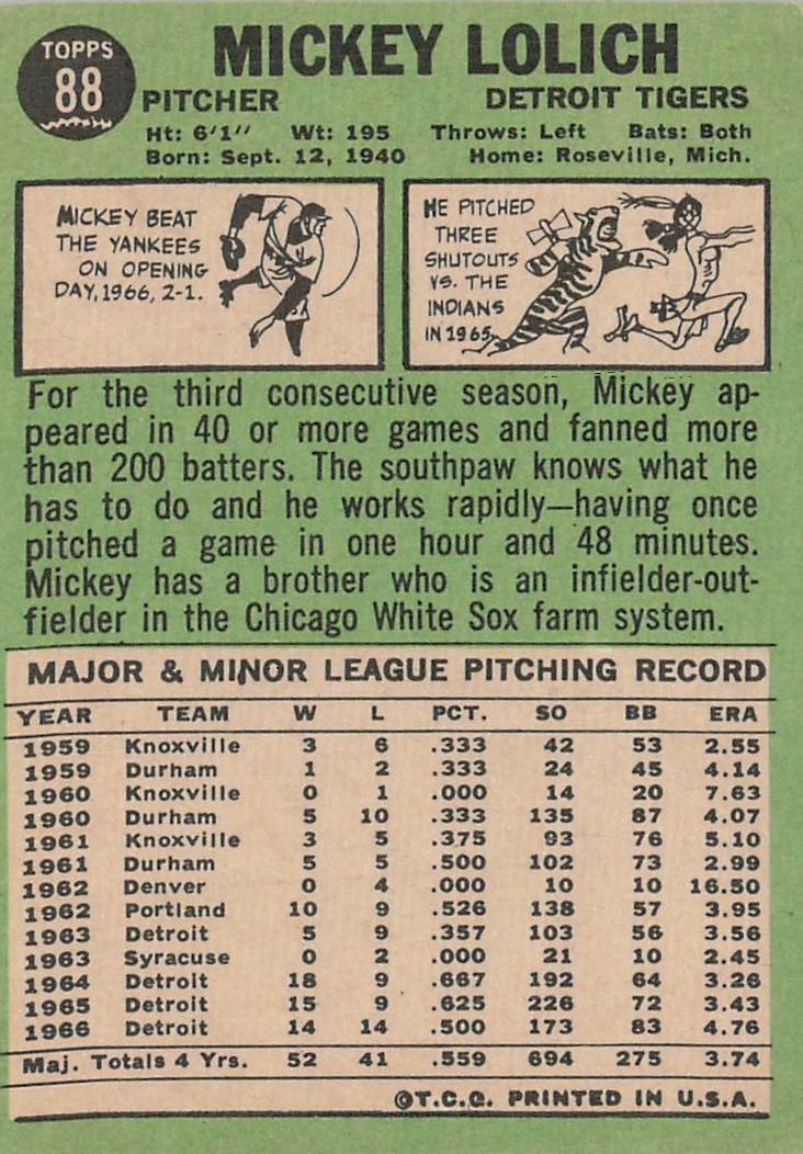 1967 Topps #121 Mickey Lolich Card - 2