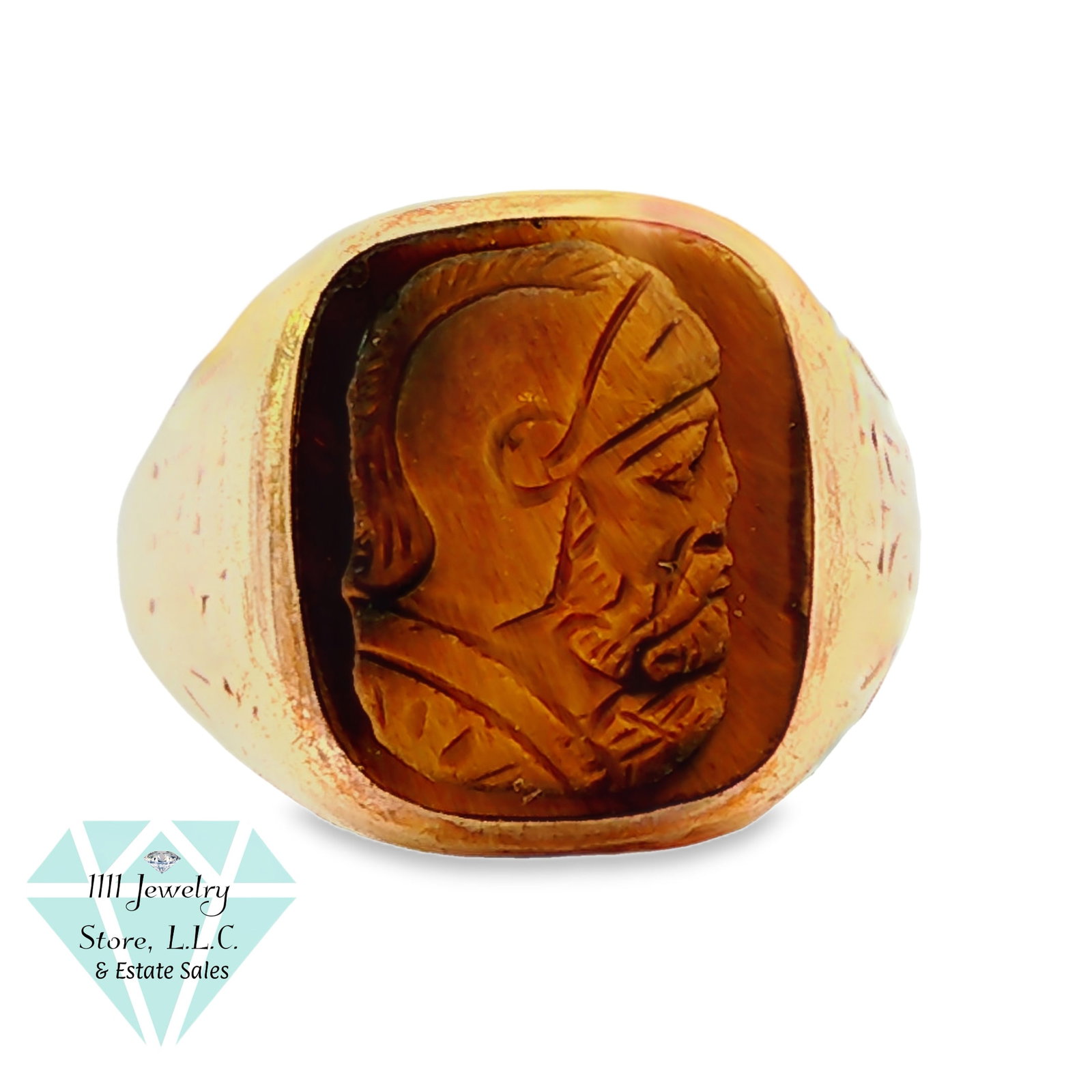 Early 20th C 14K Gold Classical Intaglio Signet Ring Roman Warrior Tiger's Eye Men's: Early 20th C 14K Gold Classical Intaglio Signet Ring Roman Warrior Tiger's Eye Men's (Mark has worn almost off-can see faint part of K-Tested as 14K) Brand:Unbranded Jewelry Type:Ring Material: 14K Ye