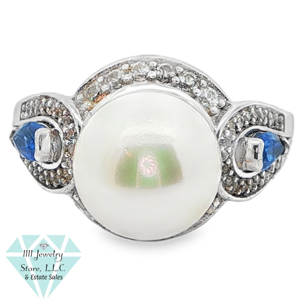 925 Signed SG 11mm Pearl Ring Spinel & Topaz Accents; Sz 9.5 (1 of 4)