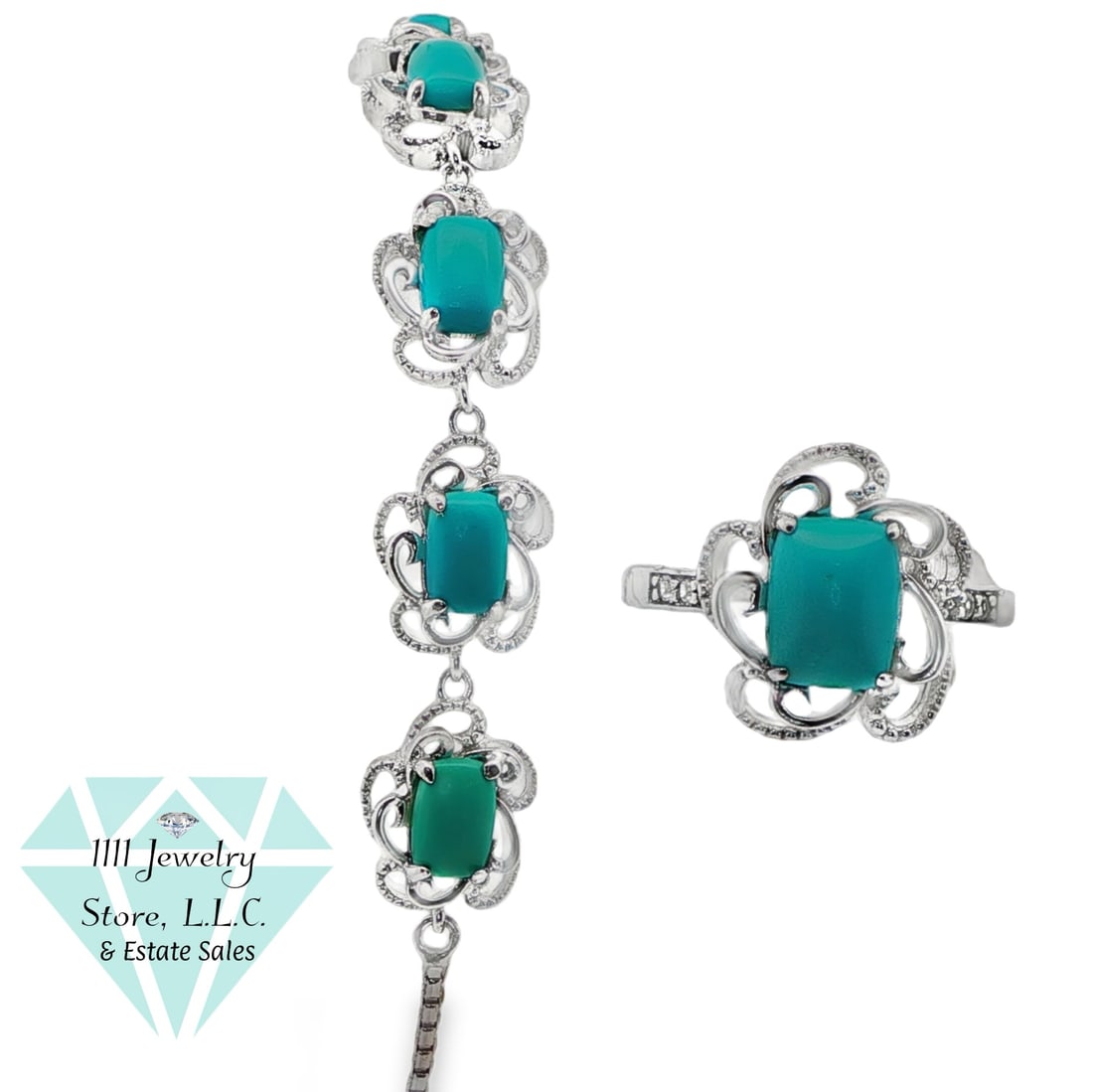 NWT Designer DK 925 Sterling Silver Turquoise Ring and Bracelet Set (1 of 10)
