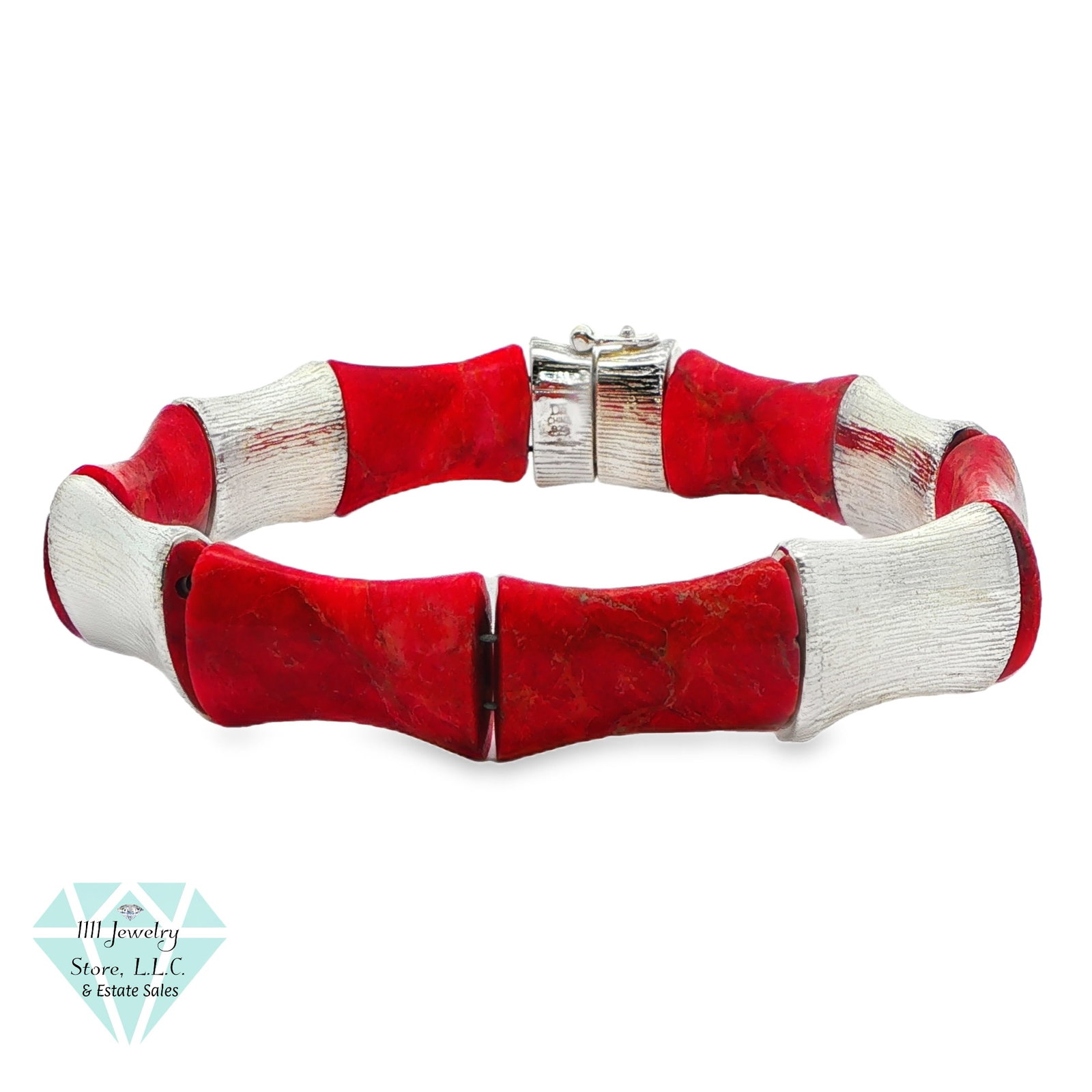 Designer Jay King DTR .925 Sterling Silver Coral Link Bracelet: Title: Designer Jay King DTR .925 Sterling Silver Coral Link Bracelet . Magnetic clasp w/ safety catch bar Brand: Jay King; Signed DTR Jewelry Type: Bracelet Material: Sterling Silver .925, Coral Main