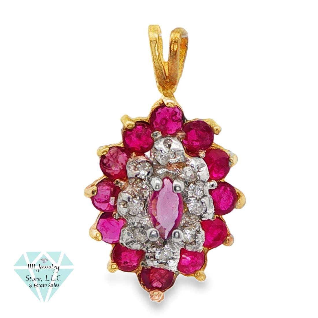 10K Yellow Gold Ruby & Diamond Pendant: Title: 10K Yellow Gold Ruby & Diamond Pendant Brand: Unbranded Jewelry Type: Pendant Material: 10K Gold, Rubies, Diamonds Main Stone, Carat, Color, Clarity: (1) Marquise Cut Center Ruby- ~4mm x