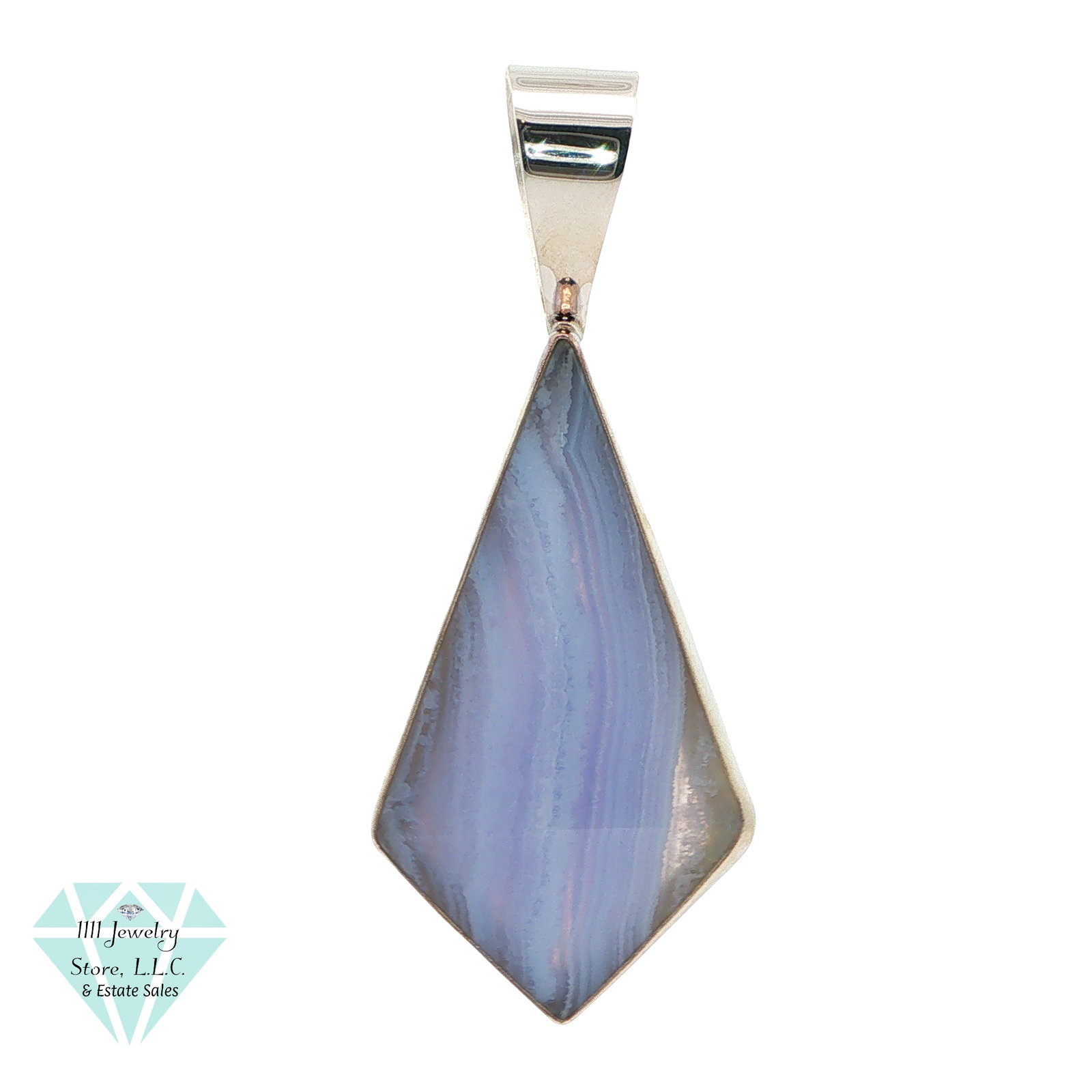 Designer Jay King Signed DTR .925 Sterling Silver Blue Lace Agate Pendant: Title: Designer Jay King Signed DTR .925 Sterling Silver Natural Blue Lace Agate Pendant; Geometric Kite Shaped Design Brand: Jay King; Signed DTR Jewelry Type: Pendant Material: .925 Sterling, Natura