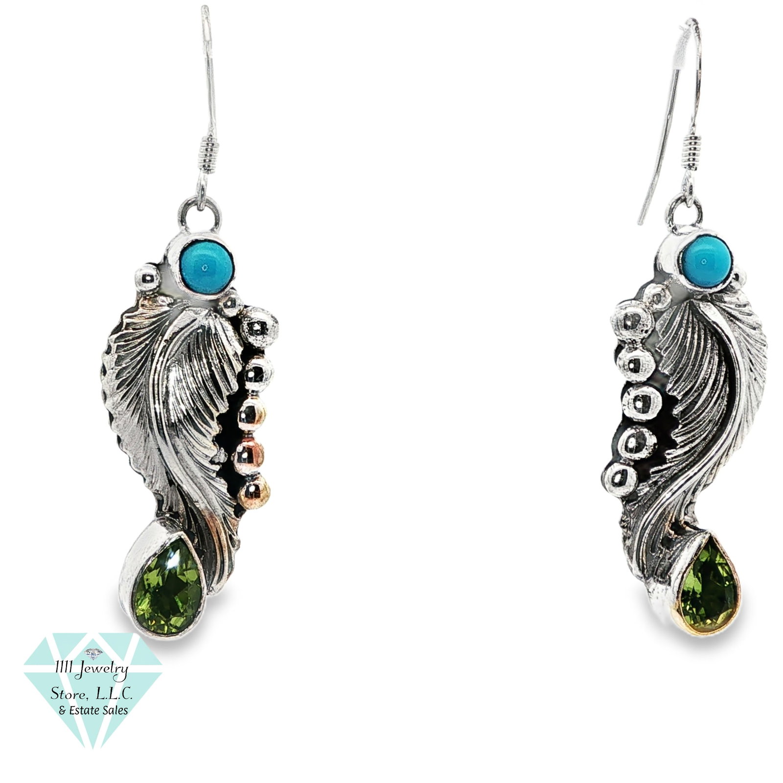 Designer Running Bear .925 Sterling Silver 1.6 CTW Peridot Turquoise Dangle Earrings: Title: Designer Running Bear .925 Sterling Silver 1.6 CTW Peridot Turquoise Dangle Earrings Brand: Running Bear Jewelry Type: Earrings Material: Sterling .925, Peridot, Turquoise Main Stone, Carat,