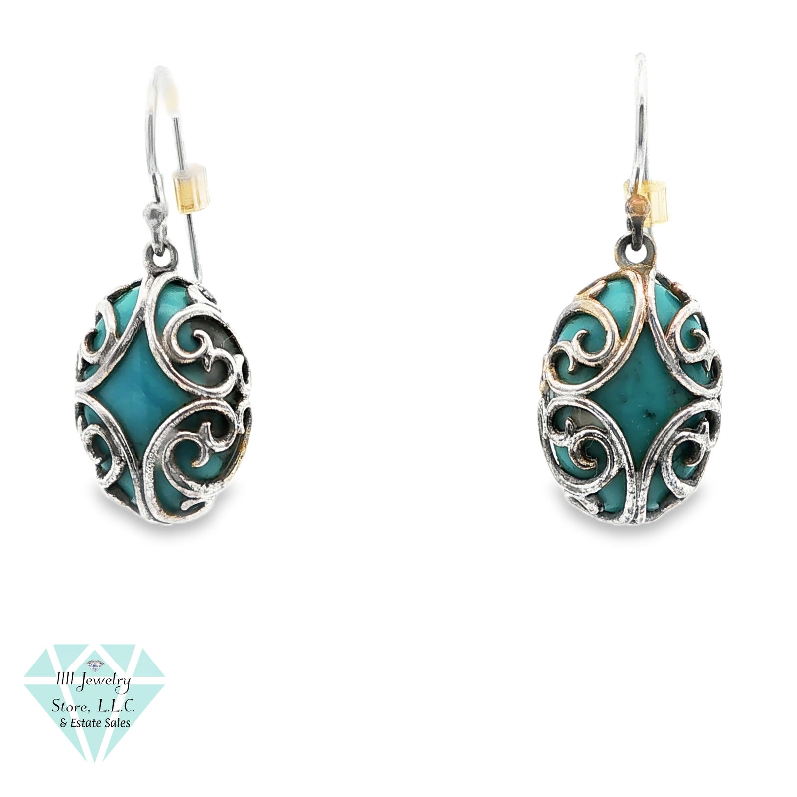 Designer NK .925 Sterling Silver Turquoise Dangle Earrings W/ Scroll Designs: Title: Designer NK .925 Sterling Silver Turquoise Dangle Earrings With Scroll Designs Brand: Signed NK Jewelry Type: Earrings Material: Sterling .925, Turquoise Main Stone, Carat, Color, Clarity: T