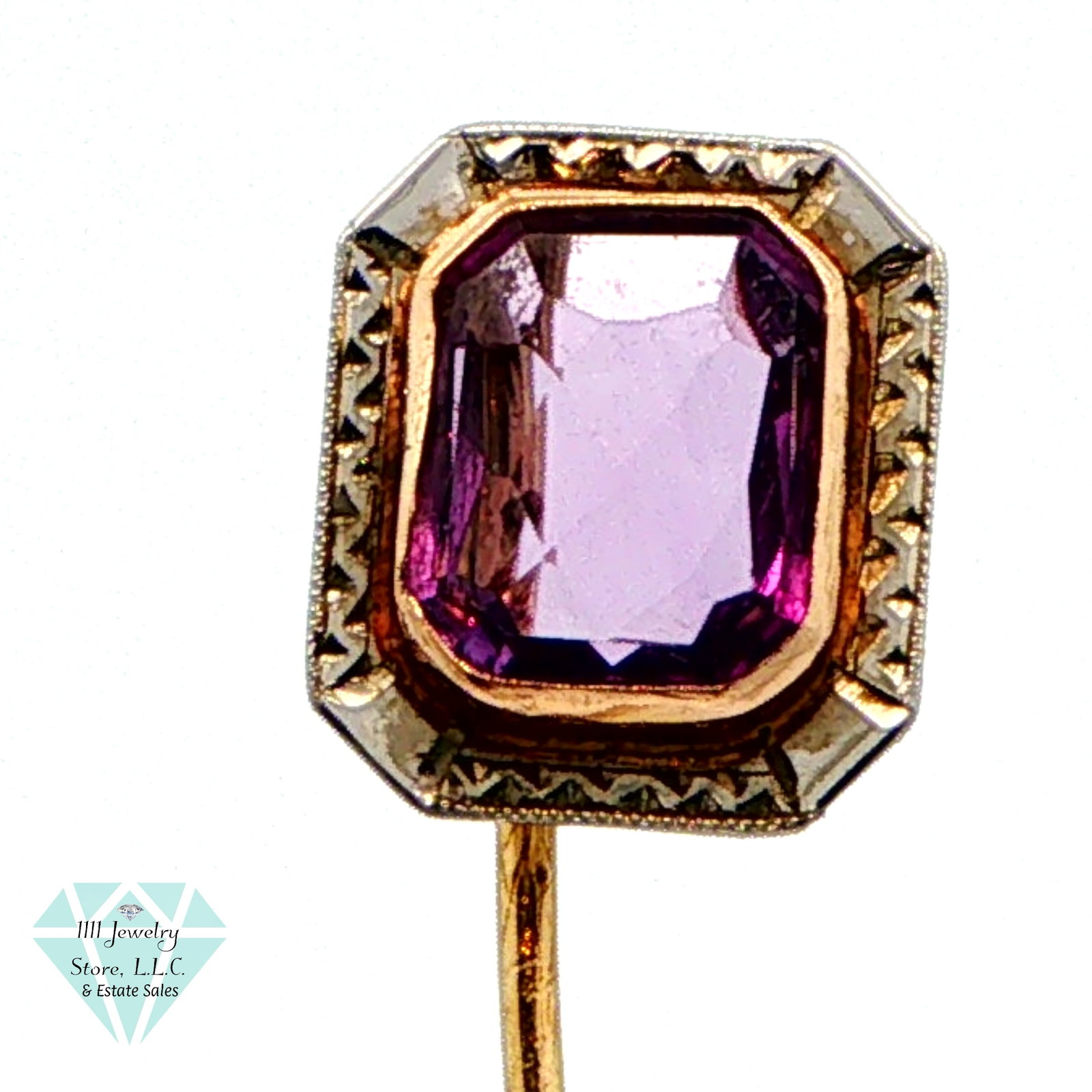 Antique Edwardian Designer Belais 18K 10K Mixed Gold 1.6 CT Amethyst Stick Pin: Title: Antique Edwardian Designer Belais 18K 10K Mixed Gold Stick Pin. 18K White Gold Setting Signed Belais 18K. 10K Tested Yellow Gold Stick Pin Section Brand: Belais Jewelry Type: Pin Material: 18K,