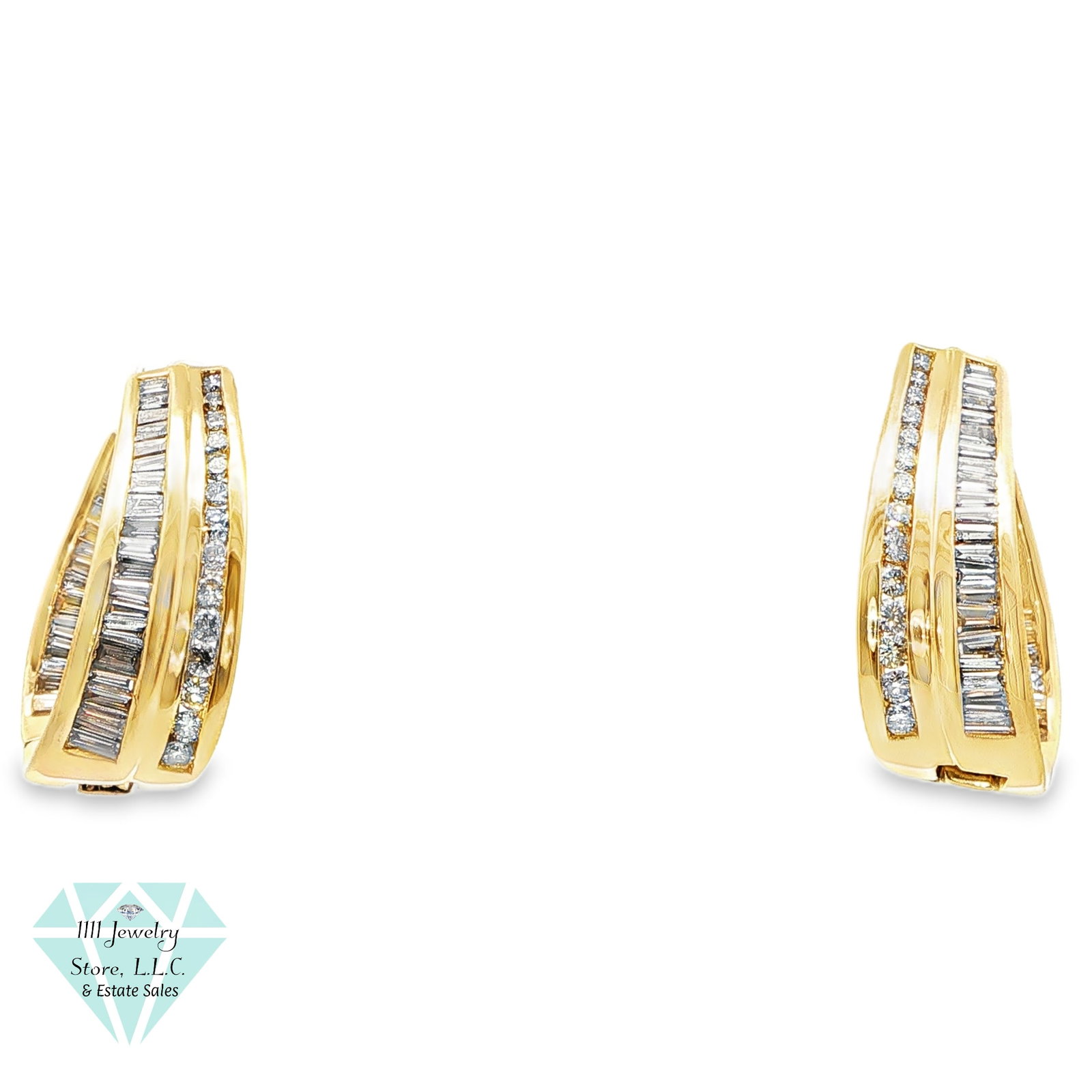 Designer Signed KC 14K Yellow Gold 1 CTW Diamond Inside Outside Hoop Earrings: Title: Designer Signed KC 14K Yellow Gold 1 CTW Diamond Inside Outside Hoop Earrings Brand: Signed KC Jewelry Type: Earrings Material: 14 KT Yellow Gold, Diamonds Main Stone, Carat, Color, Clarity: