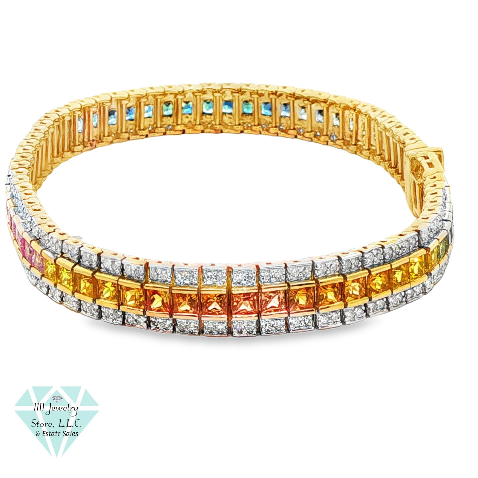 14K Yellow Gold Multicolor 8.84 CTW Sapphire & 1.36 CTW Diamond Tennis Bracelet: Title: 14K Yellow Gold Multicolor 8.84 CTW Sapphire & 1.36 CTW Diamond Tennis Bracelet Brand: Signed ADL Jewelry Type: Bracelet Material: 14K Gold, Sapphires, Diamonds Main Stone, Carat, Color, Clarit