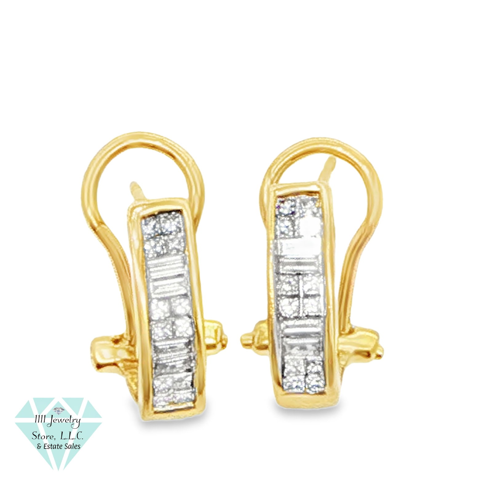 14K Yellow Gold .68 CTW Diamond Half Hoop Earrings Omega Backs: Title: 14K Yellow Gold .68 CTW Diamond Half Hoop Earrings Omega Backs Brand: Unbranded Jewelry Type: Earrings Material: Gold, Diamonds Main Stone, Carat, Color, Clarity: (24) Princess Cut Diamonds; ~