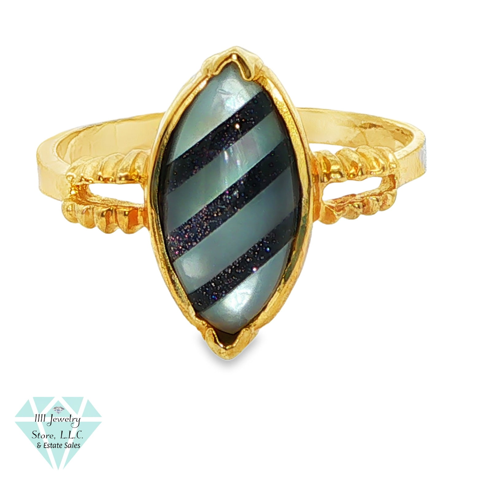 14K Yellow Gold Banded Mother of Pearl & Sandstone Ring; Sz 8.25: Title: 14K Yellow Gold Banded Mother of Pearl & Sandstone Ring; Sz 8.25 Brand: Signed JC Jewelry Type: Ring Material: 14K Gold, Mother of Pearl, Sandstone Main Stone, Carat, Color, Clarity: Banded Co