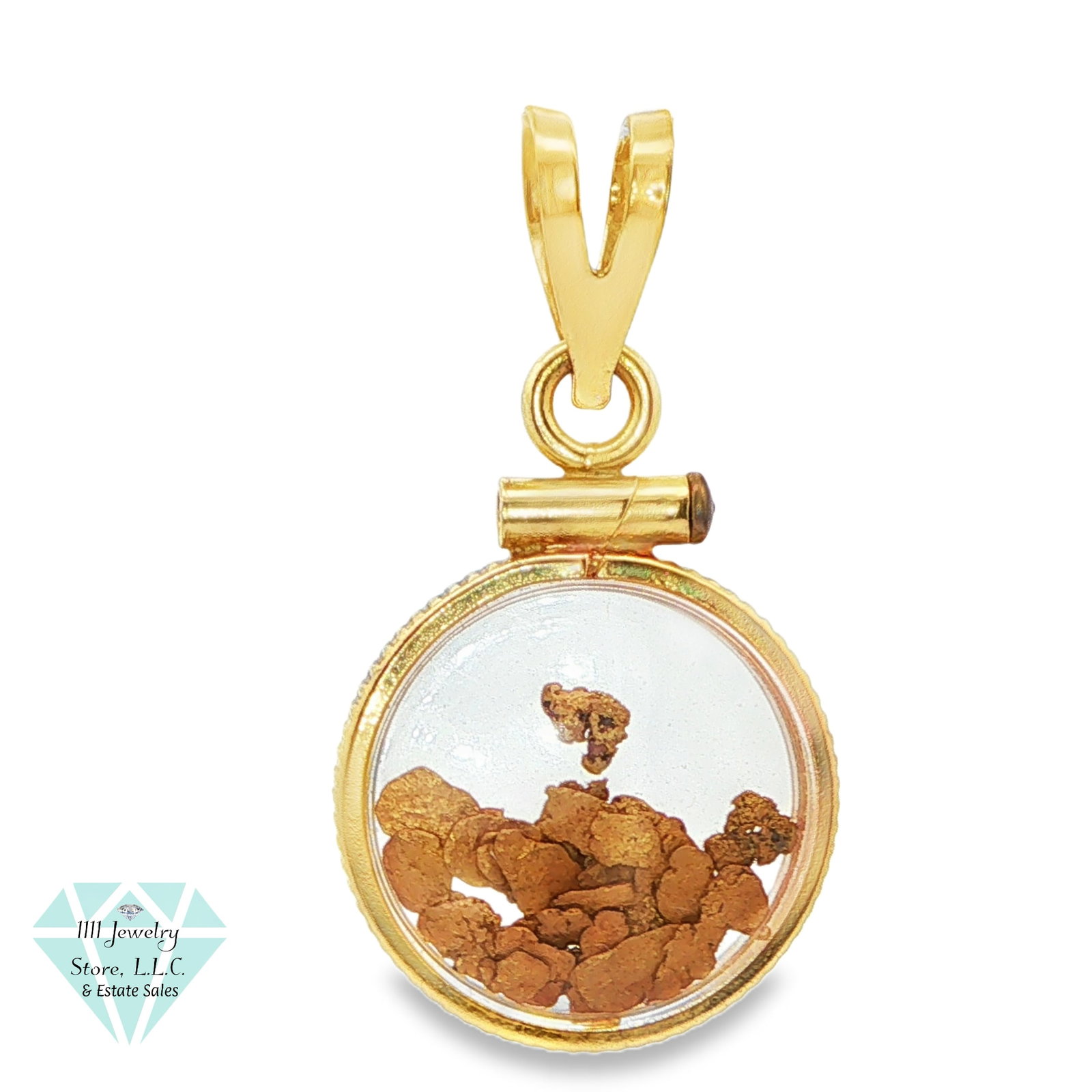 14K Yellow Gold Pendant W/ Gold Nuggets: Title: 14K Yellow Gold Pendant W/ Gold Nuggets Brand: Signed F in a circle Jewelry Type: Pendant Material: Gold, Glass Main Stone, Carat, Color, Clarity: Secondary Stone, Carat, Color, Clarity