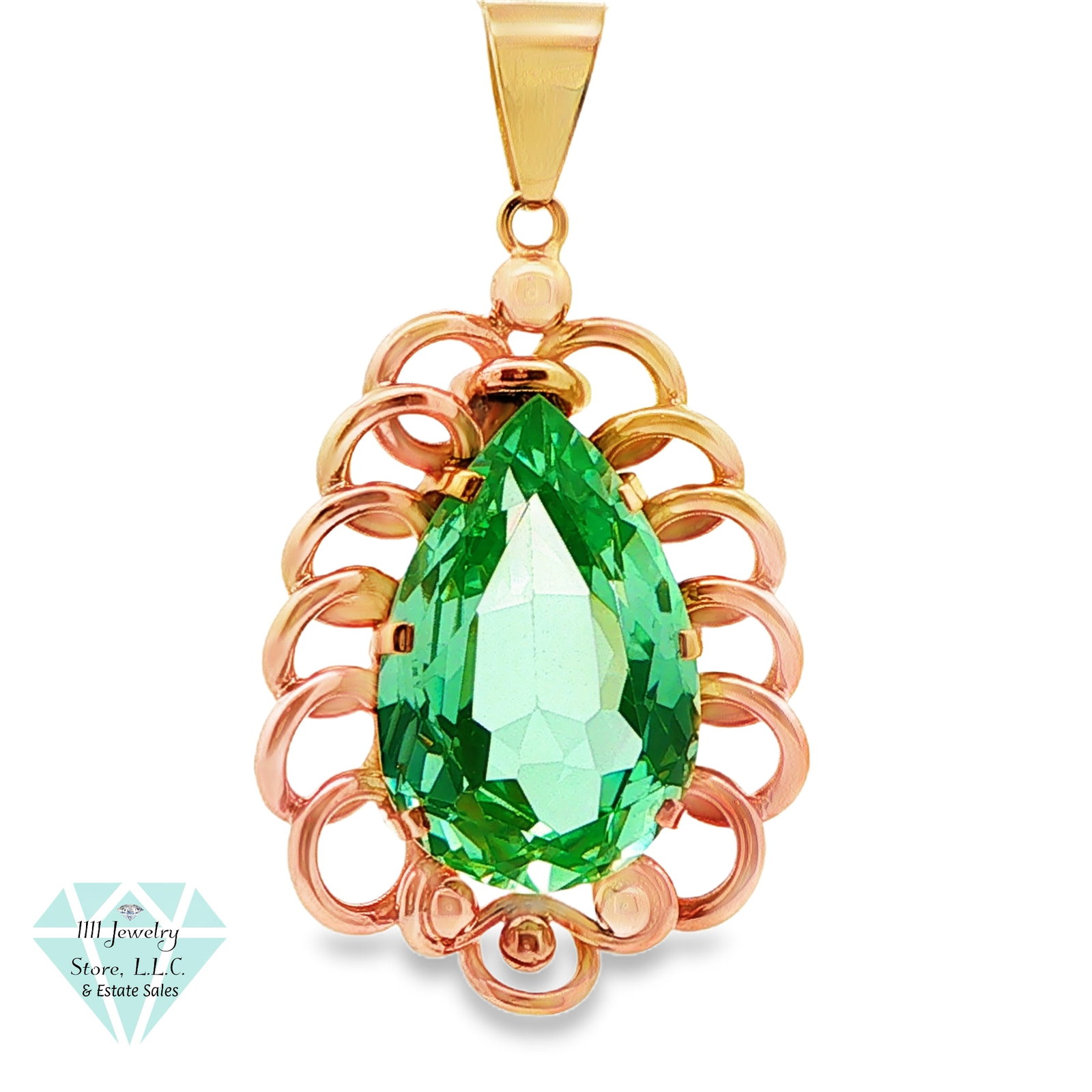 Vintage 18K Yellow Gold 13 CT Aqua Green Pear Cut Spinel Pendant: Title: Vintage 18K Yellow Gold 13 CT Aqua Green Pear Cut Spinel Pendant Brand: Unbranded Jewelry Type: Pendant Material: Gold, Spinel Main Stone, Carat, Color, Clarity: Aqua green Pear Cut Spinel; 20
