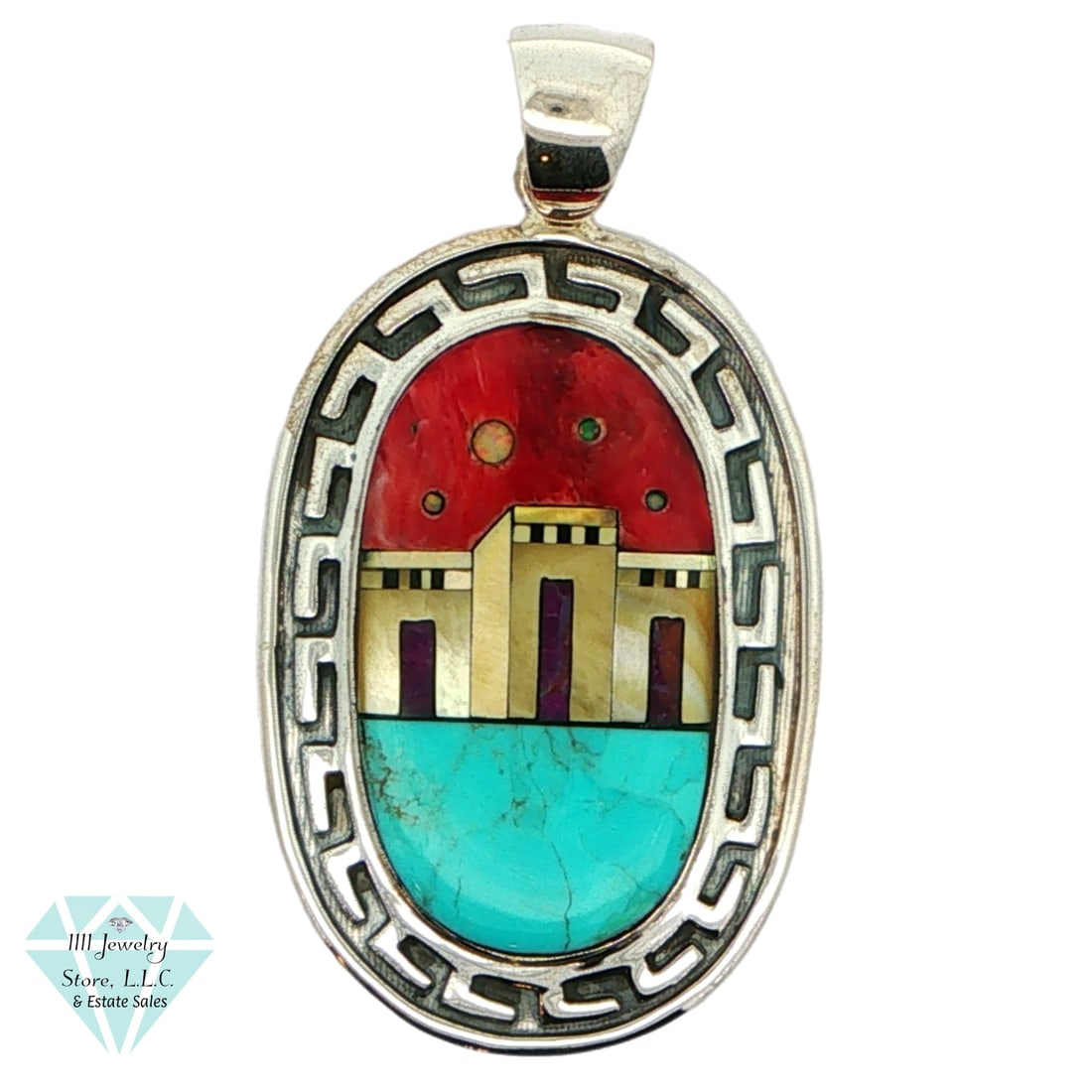 925 Turquoise, coral, MOP, Opal Inlay Design Oval Pendant W Architectual Design: Title: 925 Turquoise, Coral, Mother of Pearl, Opal Inlay Design Oval Pendant w/ Architectural Design Brand: Designer Signed S With Star Shape Hallmark Jewelry Type: Pendant Material: Sterling 925, Tur