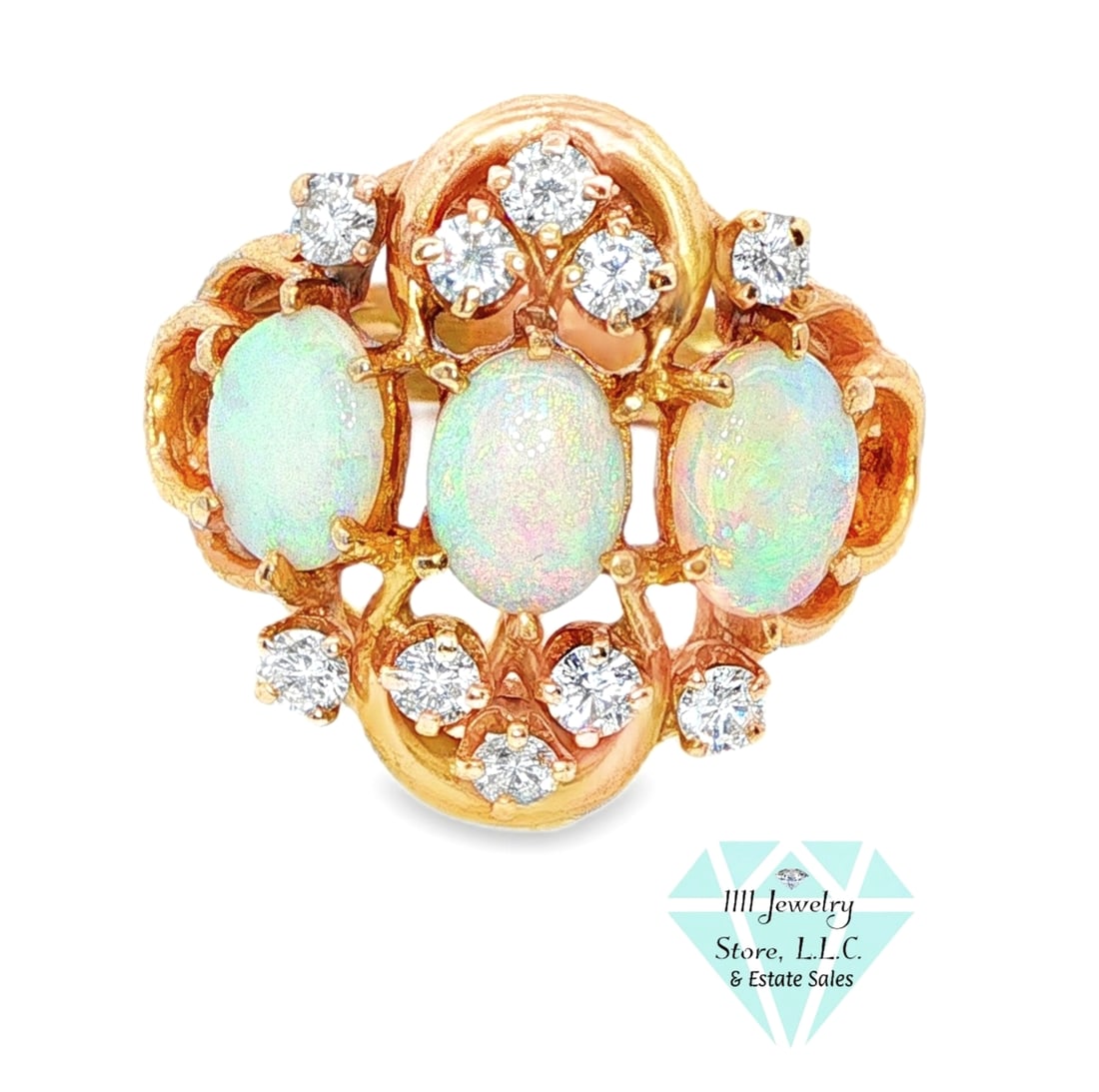 14K Yellow Gold (3) Stone Oval 1.5 CTW Opal & .60 CTW Diamond Ring: Title: 14K Yellow Gold (3) Stone Oval 1.95 CTW Opal & 0.60 CTW Diamond Ring Description: Three luminous oval opals take center stage in this vintage-inspired yellow gold multi-stone ring. The opals ar