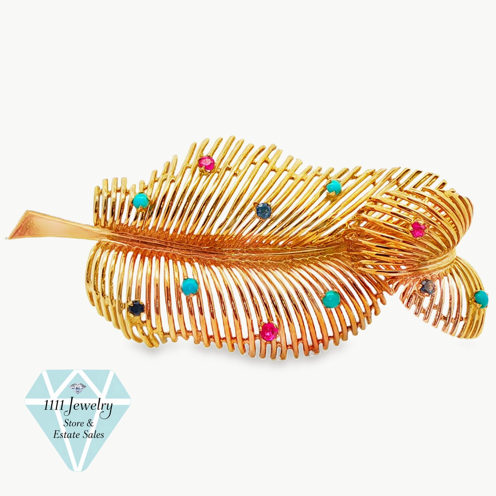 Cartier 18K Gold Ruby Sapphire Turquoise Leaf Brooch, Circa 1956: Title: Cartier 18K Gold Ruby Sapphire Turquoise Leaf Brooch, Circa 1956 Description: Cartier dimensional openwork leaf-form brooch crafted in curved 18K yellow-gold wirework and accented with turquois