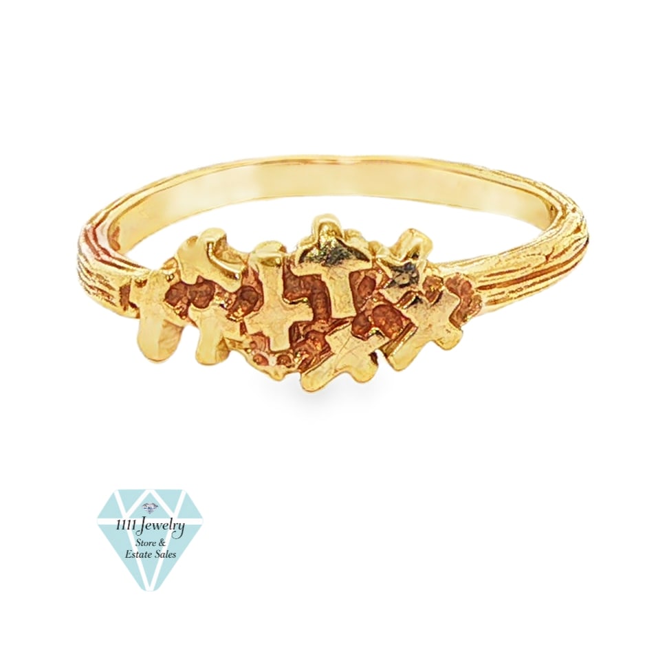 10K Yellow Gold Multiple Cross Ring with Textured Shank: Title: 10K Yellow Gold Multiple Cross Ring with Textured Shank Description: Unbranded 10K yellow gold ring featuring eight overlapping cross motifs across the top, with recessed textured details and a