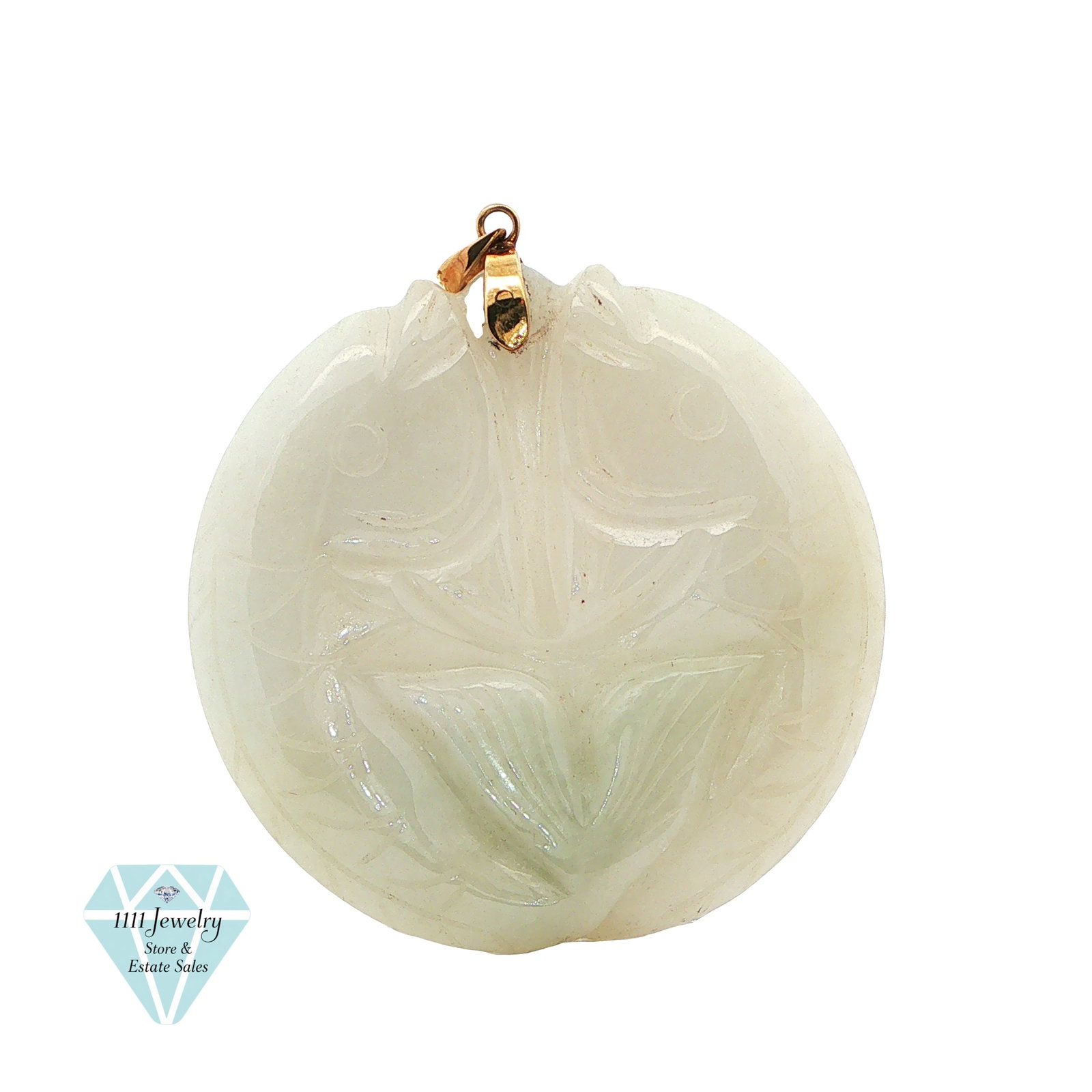 14K Yellow Gold Carved Jadeite Double-Fish Pendant: Title: 14K Yellow Gold Carved Jadeite Double-Fish Pendant Description: Unbranded pendant featuring a pale white-to-green carved jadeite jade disc with a mirrored double-fish motif and a 14K yellow gol