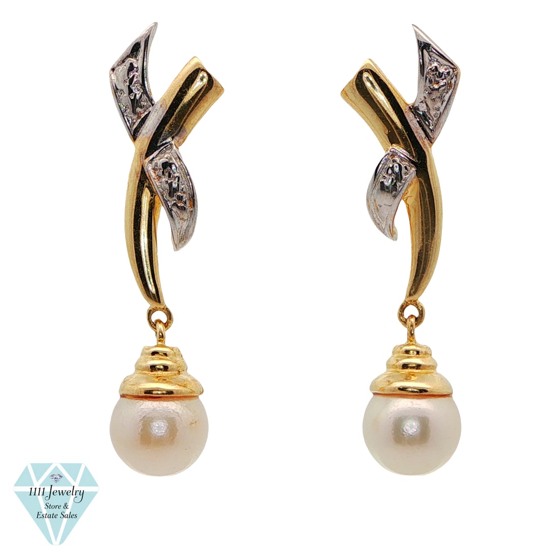 Signed ATI 14K Yellow Gold Cultured Pearl Dangle Earrings: Title: Signed ATI 14K Yellow Gold Cultured Pearl Dangle Earrings Description: Pair of signed ATI dangle earrings in 14K yellow gold, each with an abstract crossed-ribbon upper design, white-tone accen
