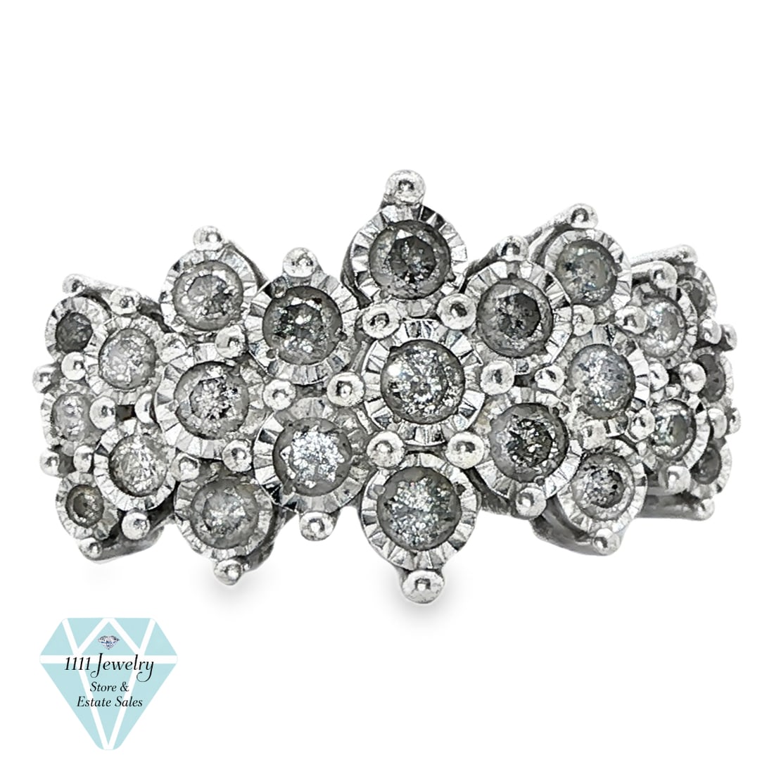 H.K. Designs 10K White Gold 0.95 CTW Diamond Cluster Cocktail Ring: Title: H.K. Designs 10K White Gold 0.95 CTW Diamond Cluster Cocktail Ring Description: H.K. Designs diamond cluster cocktail ring in 10K white gold, designed as a broad asymmetrical spray of twenty-th