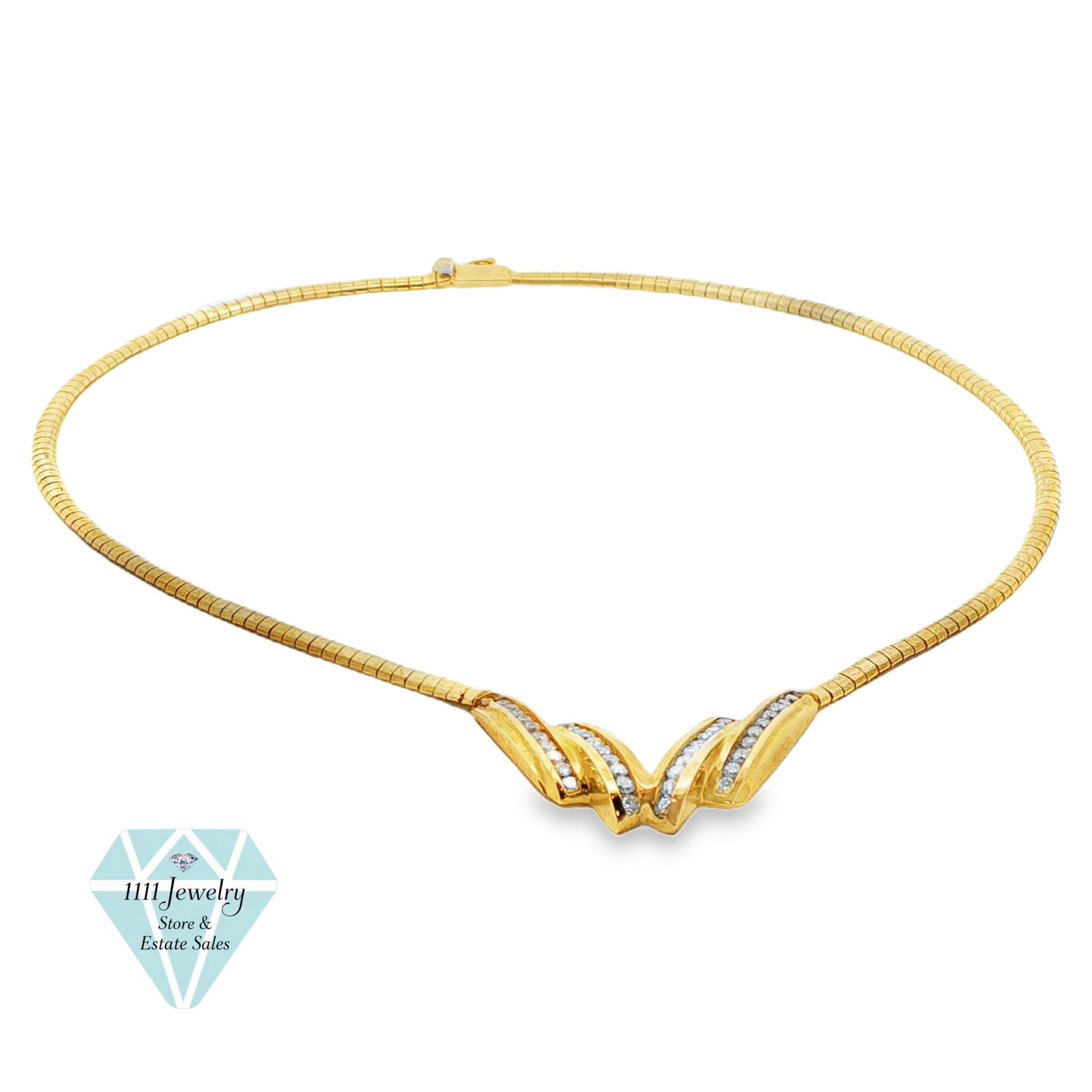 Italian 14K Yellow Gold 1.20 CTW Diamond V-Motif Choker Necklace: Title: Italian 14K Yellow Gold 1.20 CTW Diamond V-Motif Choker Necklace Description: Italian flexible-link choker necklace crafted in 14K yellow gold with a sculptural, overlapping V-shaped centerpiec