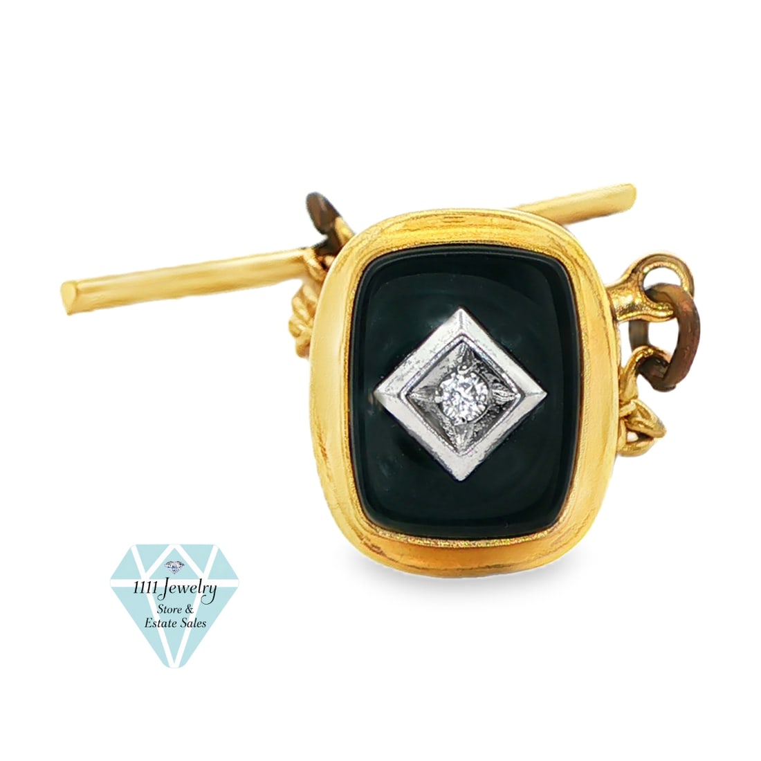 14K Yellow Gold Black Onyx and Diamond Accent Tie Tack: Title: 14K Yellow Gold Black Onyx and Diamond Accent Tie Tack Description: Tie tack featuring a rounded rectangular black onyx cabochon framed in yellow gold and centered by a small round diamond acce