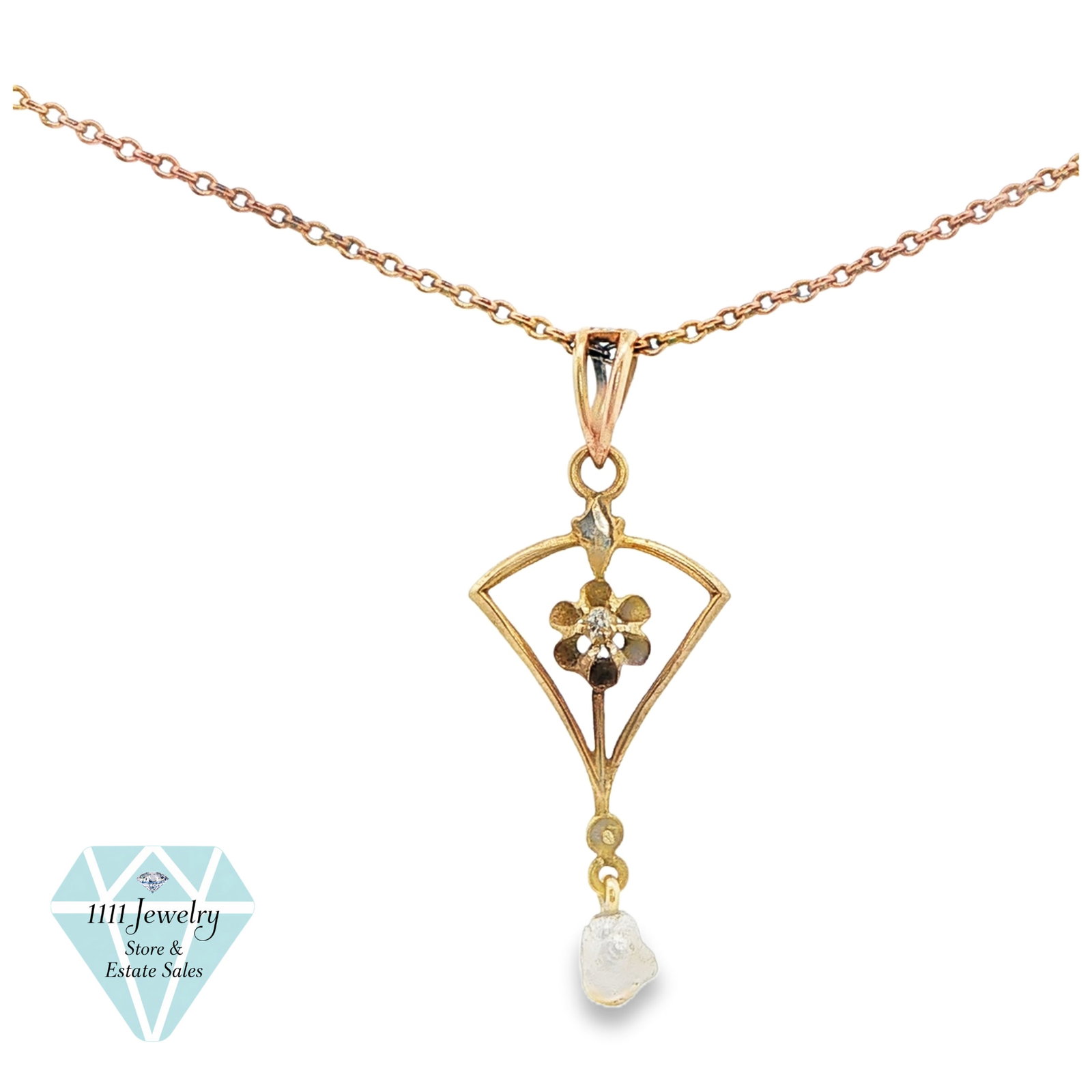 Antique Victorian 10K Gold Diamond & Saltwater Pearl Lavalier Necklace (1 of 6)