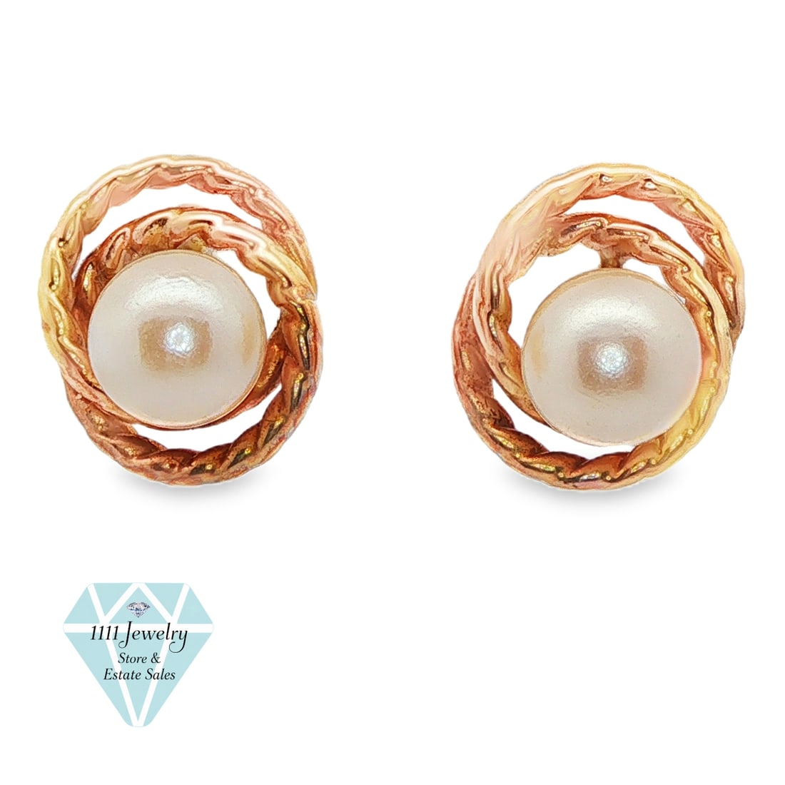 Heng Ngai 14K Yellow Gold 6.8mm Cultured Pearl Swirl Stud Earrings: Title: Heng Ngai 14K Yellow Gold 6.8mm Cultured Pearl Swirl Stud Earrings Description: Pair of Heng Ngai stud earrings crafted in 14K yellow gold with sculptural double-swirl settings surrounding two 