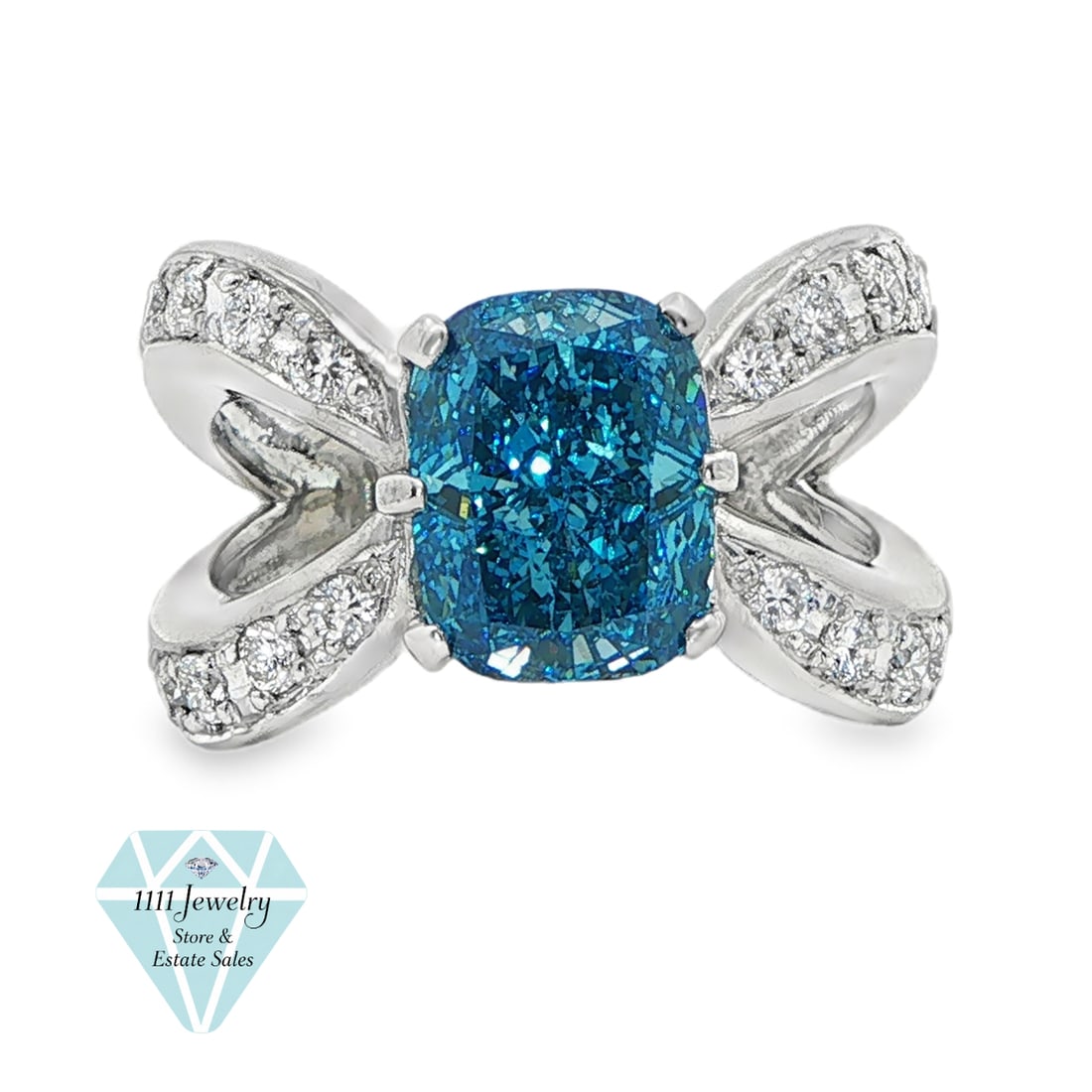 GIA 3.00ct VS1 Lab-Grown Fancy Vivid Greenish Blue Diamond Platinum Ring, Size 6.25: Title: GIA 3.00ct VS1 Lab-Grown Fancy Vivid Greenish Blue Diamond Platinum Ring, Size 6.25 Description: Substantial PT900 platinum cocktail ring centered by a 3.00-carat cushion modified brilliant lab