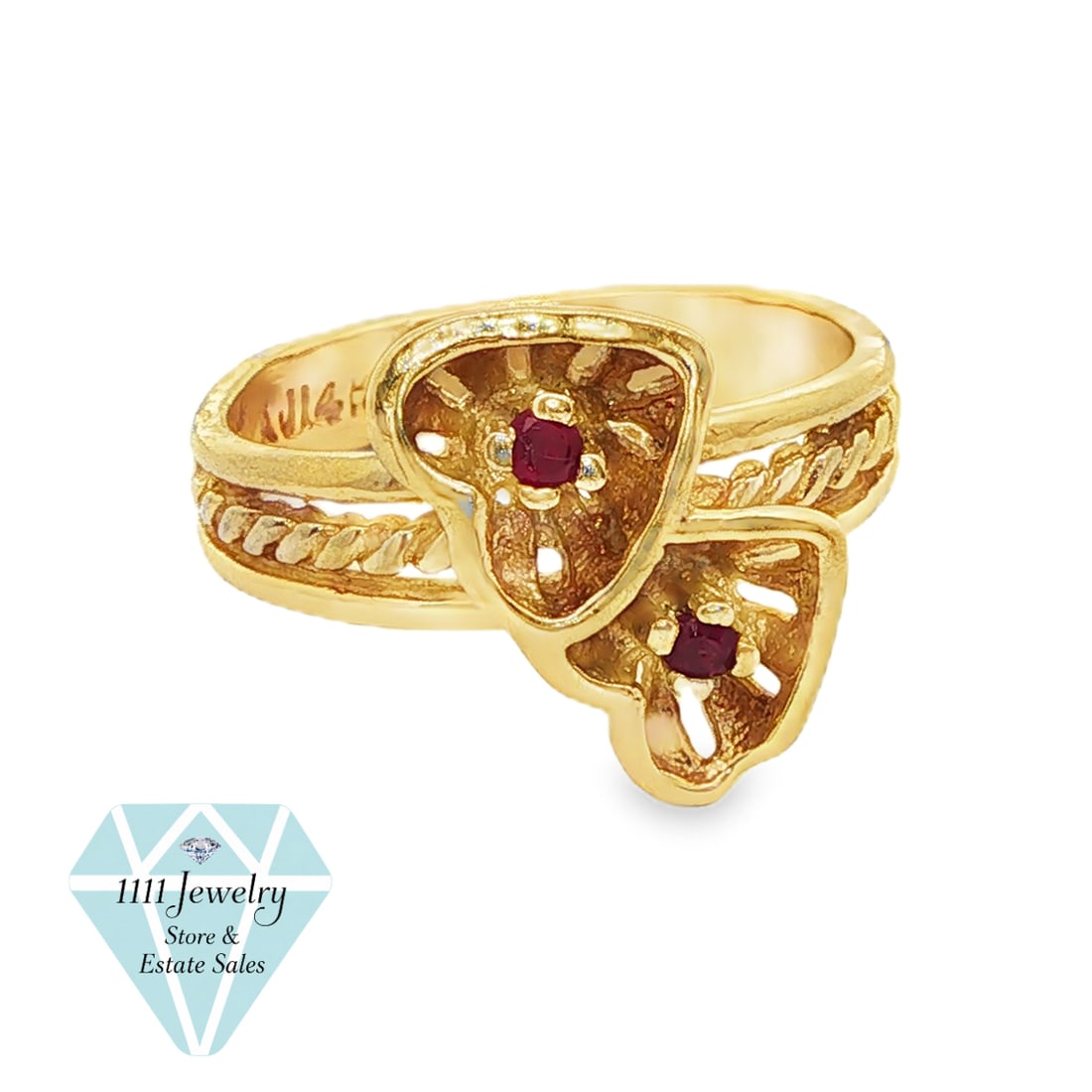 Designer Signed AJ 14K Yellow Gold 0.06ctw Ruby Double-Heart Ring, Size 3.75: Title: Designer Signed AJ 14K Yellow Gold 0.06ctw Ruby Double-Heart Ring, Size 3.75 Description: Designer-signed ring crafted in 14K yellow gold with two overlapping openwork heart motifs, each center