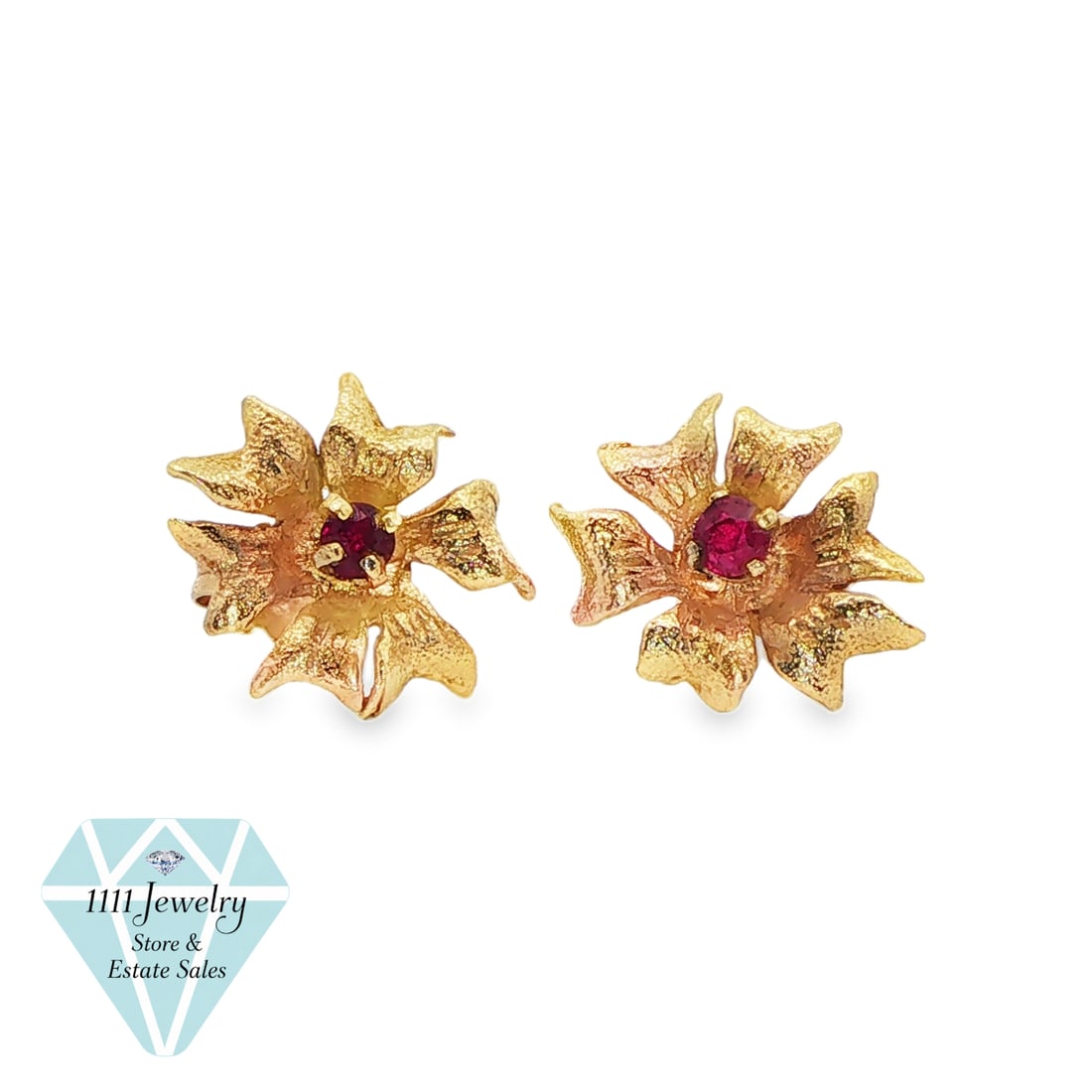 Unbranded 14K Yellow Gold Red Spinel Floral Stud Earrings, 1.4g: Title: Unbranded 14K Yellow Gold Red Spinel Floral Stud Earrings, 1.4g Description: Pair of floral stud earrings crafted in 14K yellow gold. Each earring features a sculptural multi-petal flower cente