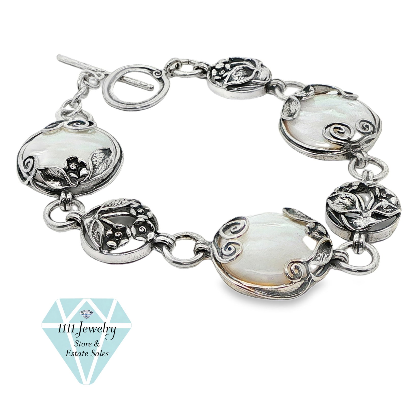 Paz Creations 925 Sterling Silver Mother-of-Pearl Floral Toggle Bracelet (1 of 4)