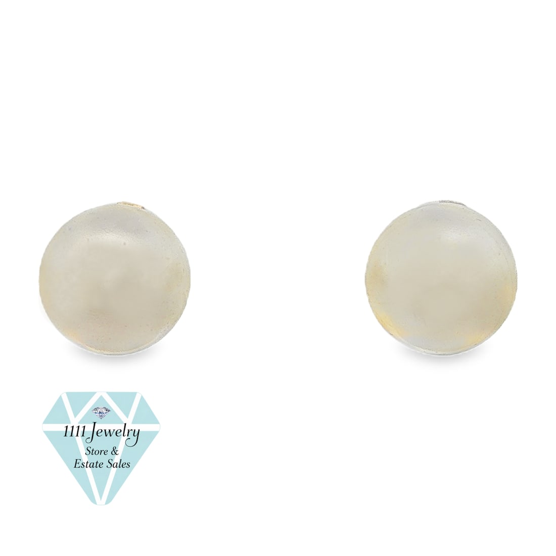 14K Yellow Gold 8mm Faux Pearl Stud Earrings, Designer Signed: Title: 14K Yellow Gold 8mm Faux Pearl Stud Earrings, Designer Signed Description: Pair of round cream faux pearl stud earrings, each approximately 8 mm, mounted on 14K yellow gold straight posts with 
