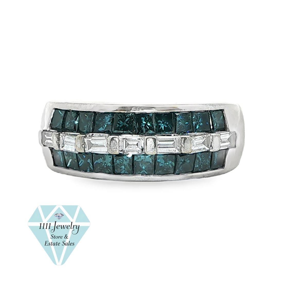 14K White Gold 1.35 CTW Blue & White Diamond Band Ring Size 7.75: Title: 14K White Gold 1.35 CTW Blue & White Diamond Band Ring Size 7.75 Description: Wide 14K white-gold band featuring two outer rows of twenty channel-set princess-cut blue diamonds totaling approxi