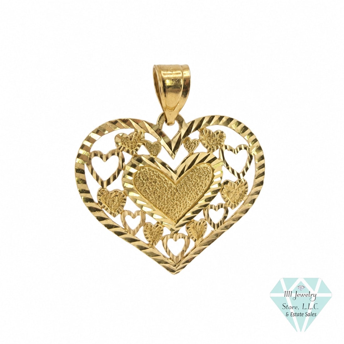 Dazzlers 14K Yellow Gold Openwork Multi-Heart Pendant: Title: Dazzlers 14K Yellow Gold Openwork Multi-Heart Pendant Description: A 14K yellow-gold heart pendant with an openwork arrangement of smaller hearts surrounding a textured central heart. Diamond-c