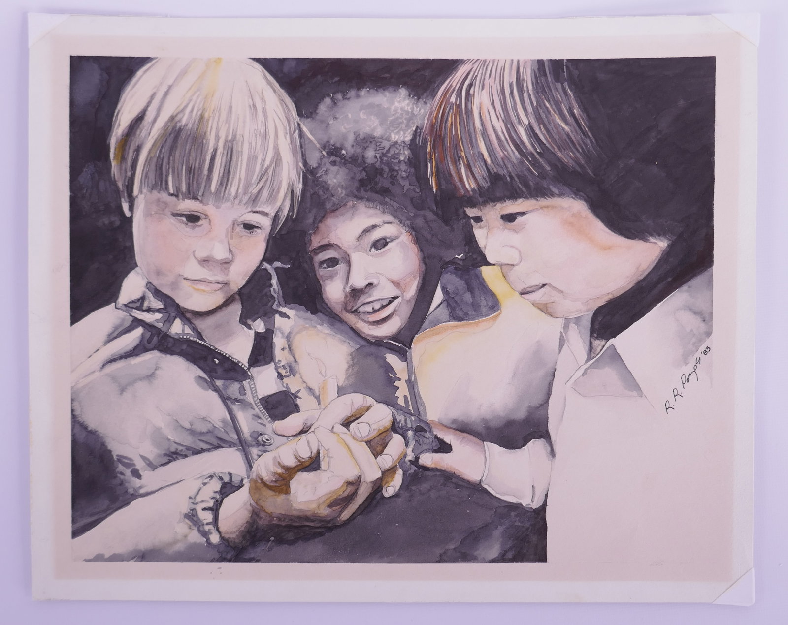 Roberto R. Pozos, Untitled, Children, 1983 Watercolor: Roberto R. Pozos is a San Diego and Imperial Valley artist associated with Chicano cultural art, community-based visual work, and Chicano Park. The Chicano Park Museum notes that Pozos grew up near th